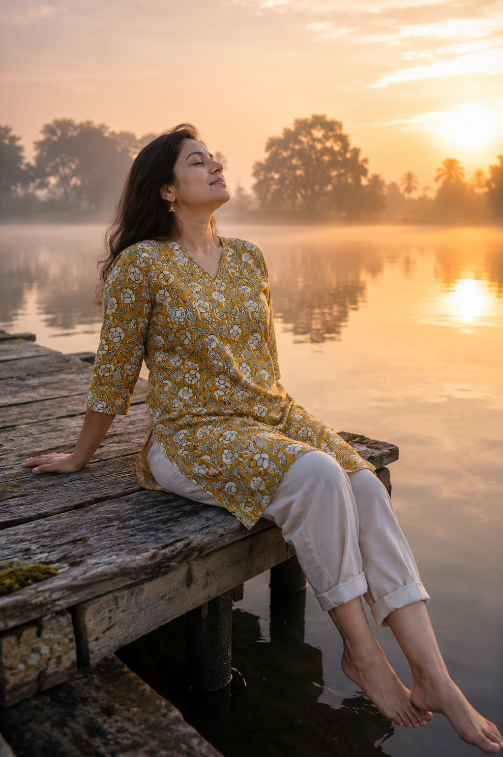 Mustard Floral Block Print Pure Cotton Kurti